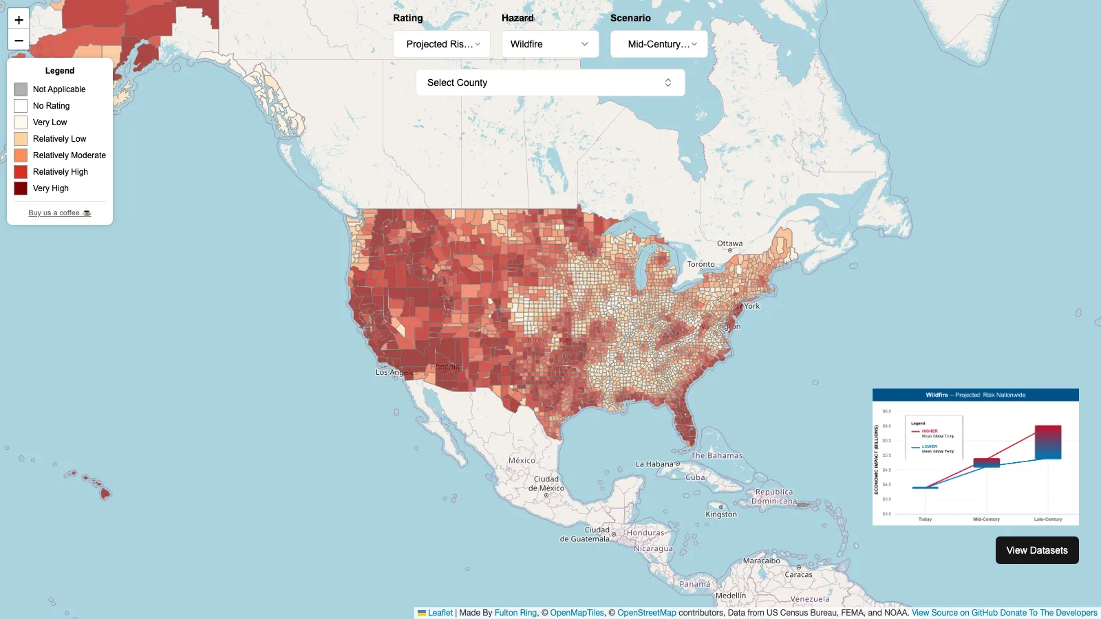 The rebuilt Future Risk Index showing projected wildfire risk by county