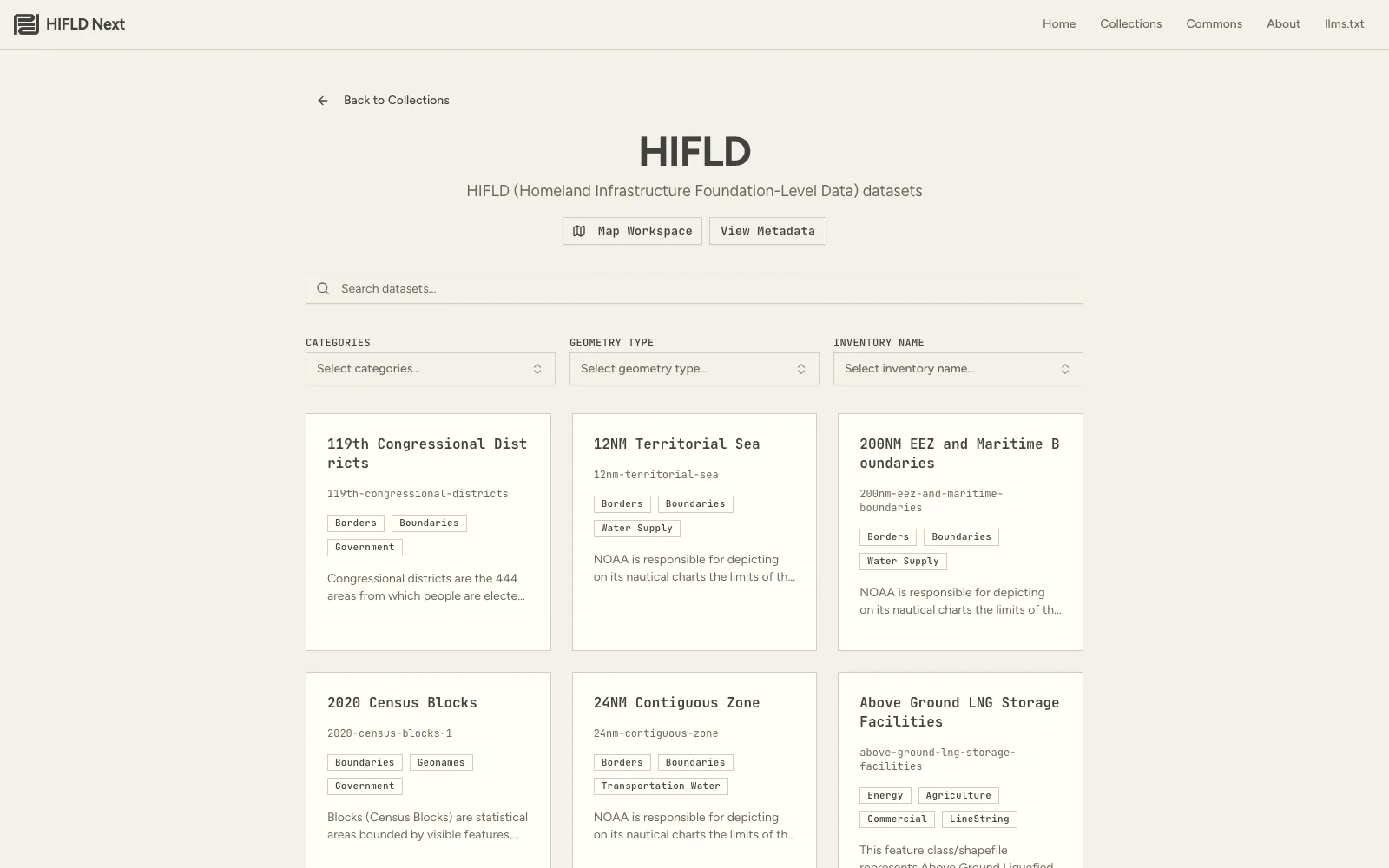 The HIFLD Next catalog listing preserved infrastructure datasets